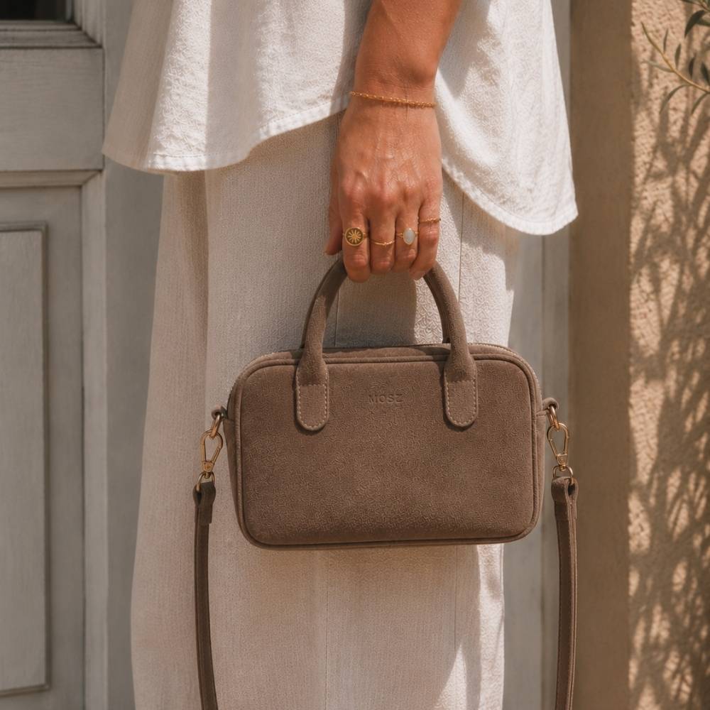 Suede handtas dames donkerbruin MŌSZ Jenny voorzijde op model