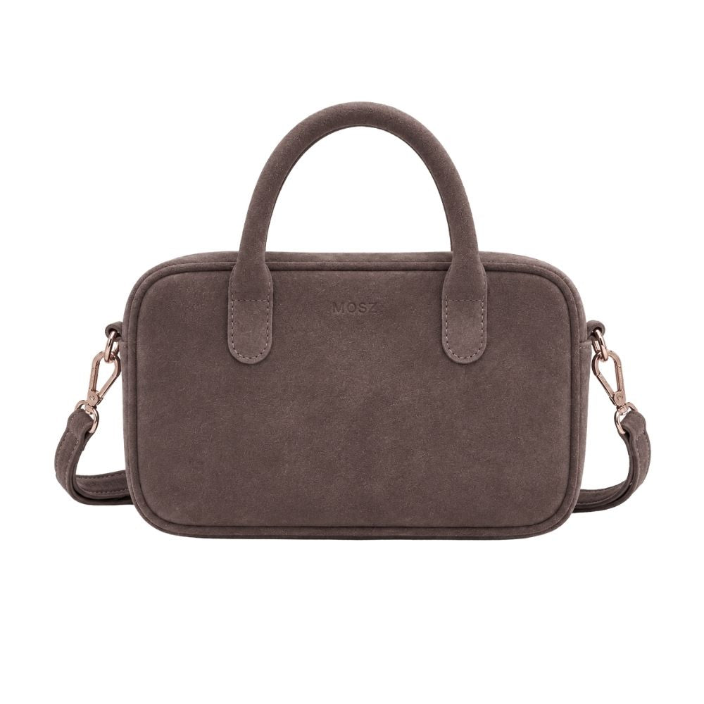 Suede handtas dames donkerbruin MŌSZ Jenny voorzijde