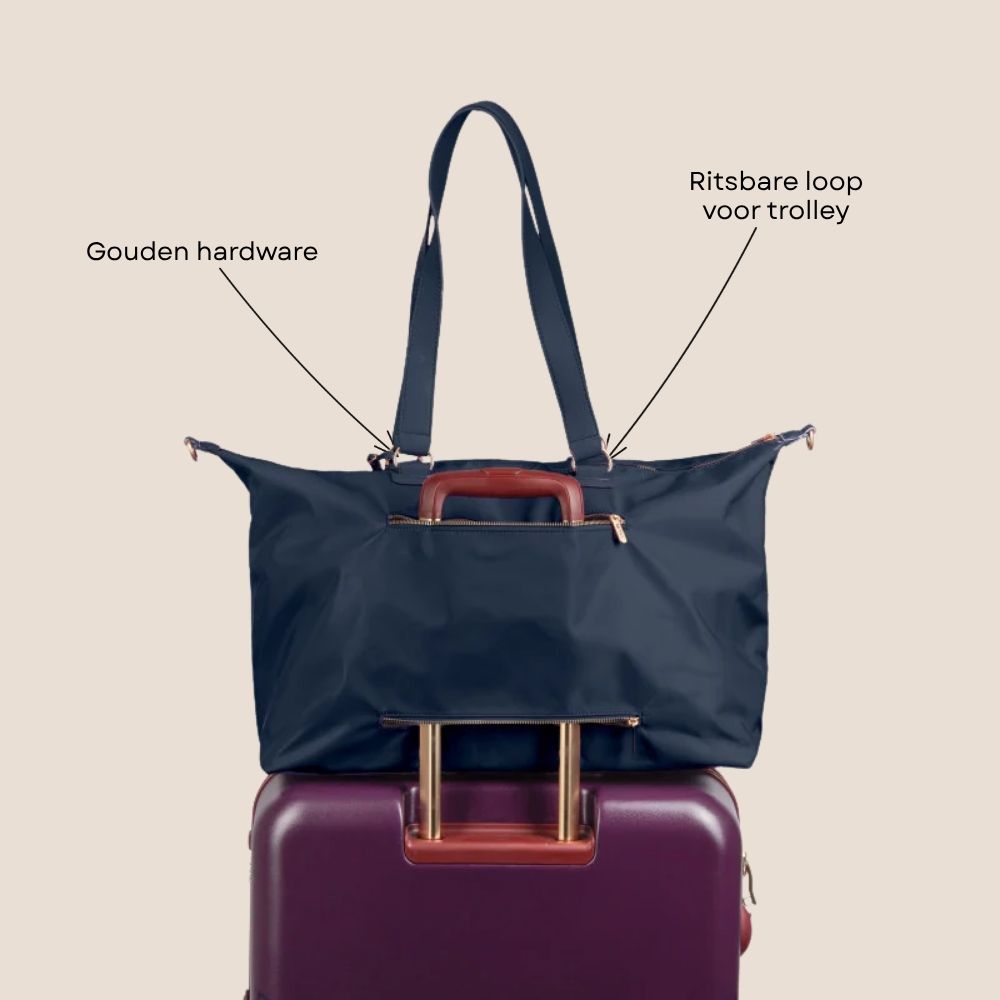 Weekendtas donker blauw achterzijde op koffer specificaties 