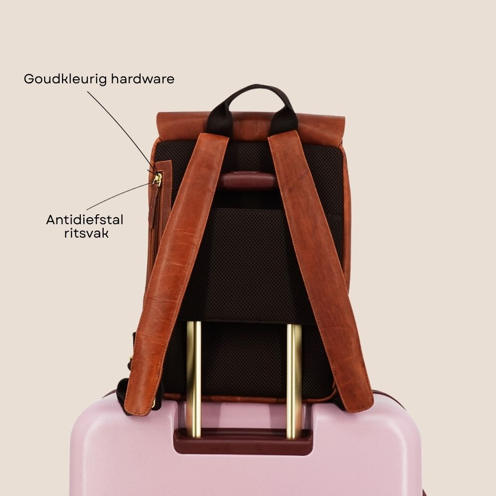 leren laptop rugzak 15 inch cognac op koffer achterzijde specificaties