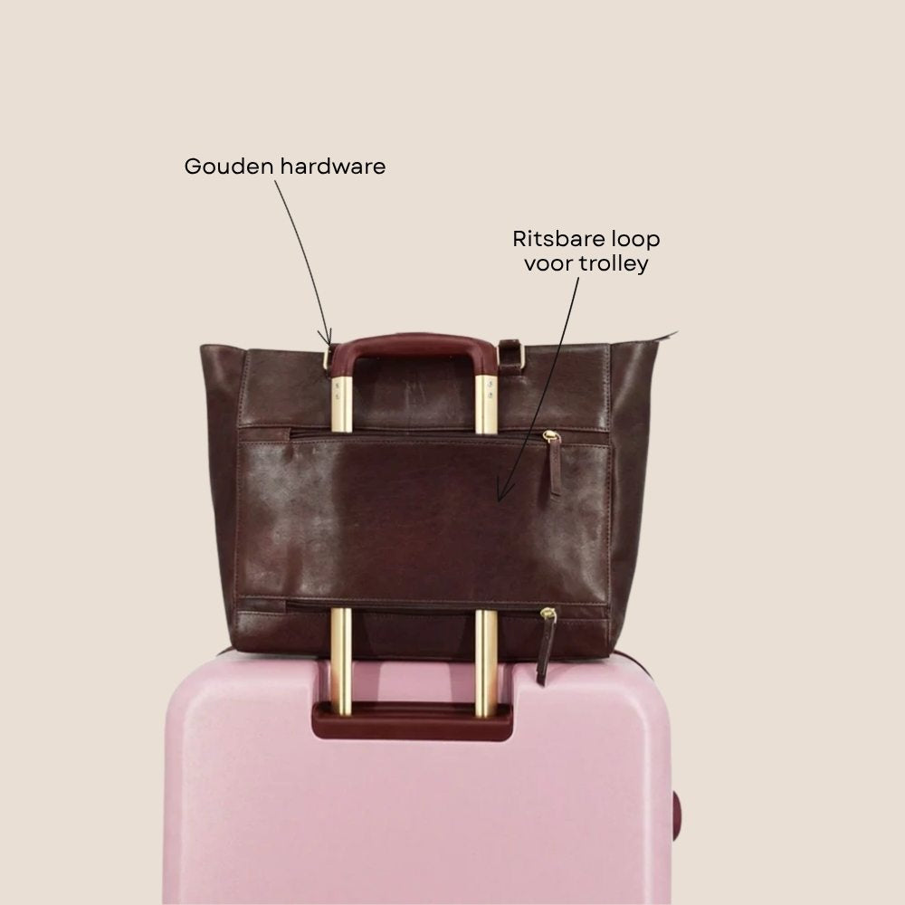 Leren laptoptas dames 15.6 inch donkerbruin specs achterzijde