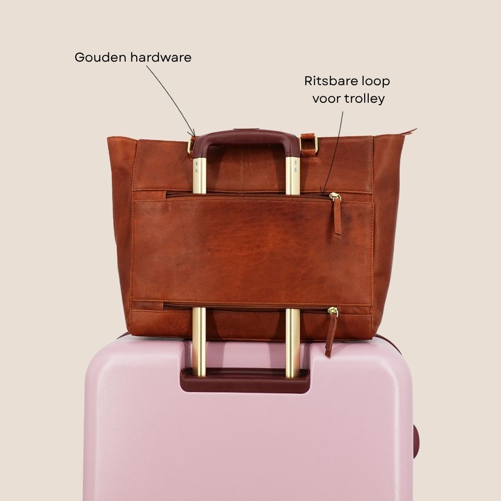 dames laptoptas leer 15,6 inch cognac op koffer achterzijde specificaties